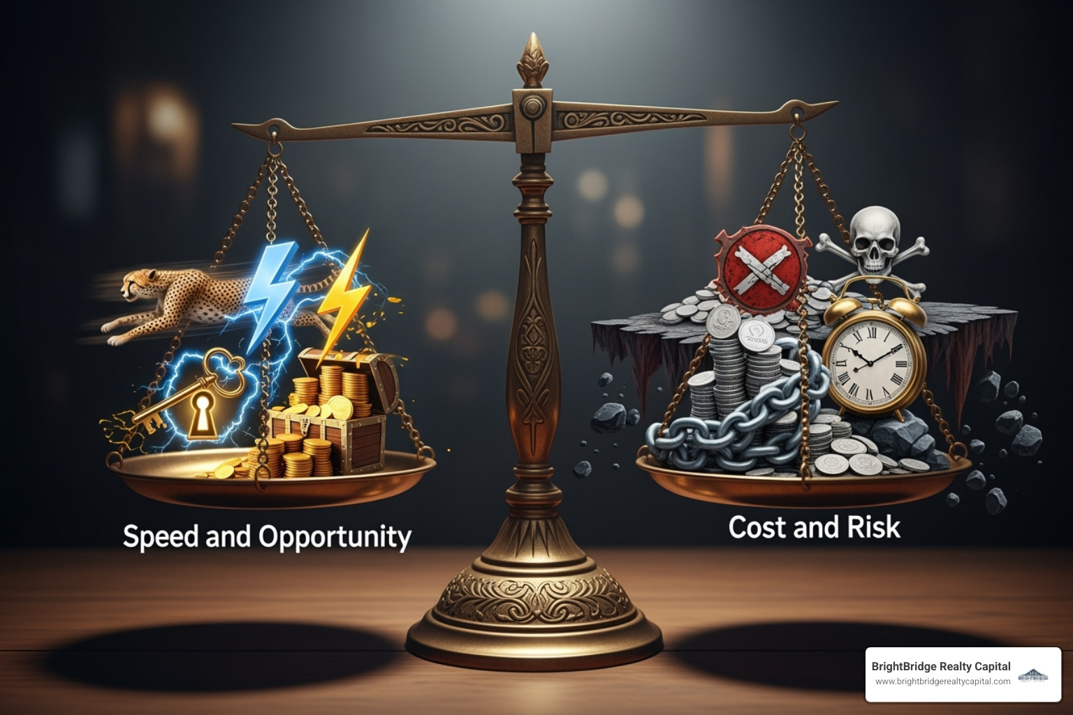 A scale balancing "Speed & Opportunity" on one side and "Cost & Risk" on the other - bridge loans for early stage companies