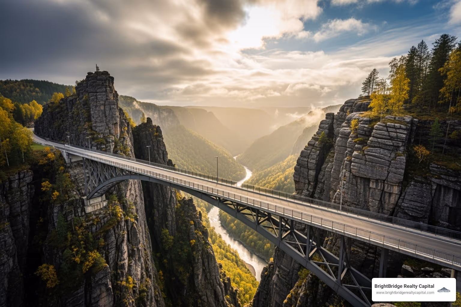 A bridge connecting two cliffs, one labeled "Cash Crunch" and the other "Series A Funding" - bridge loans for early stage companies