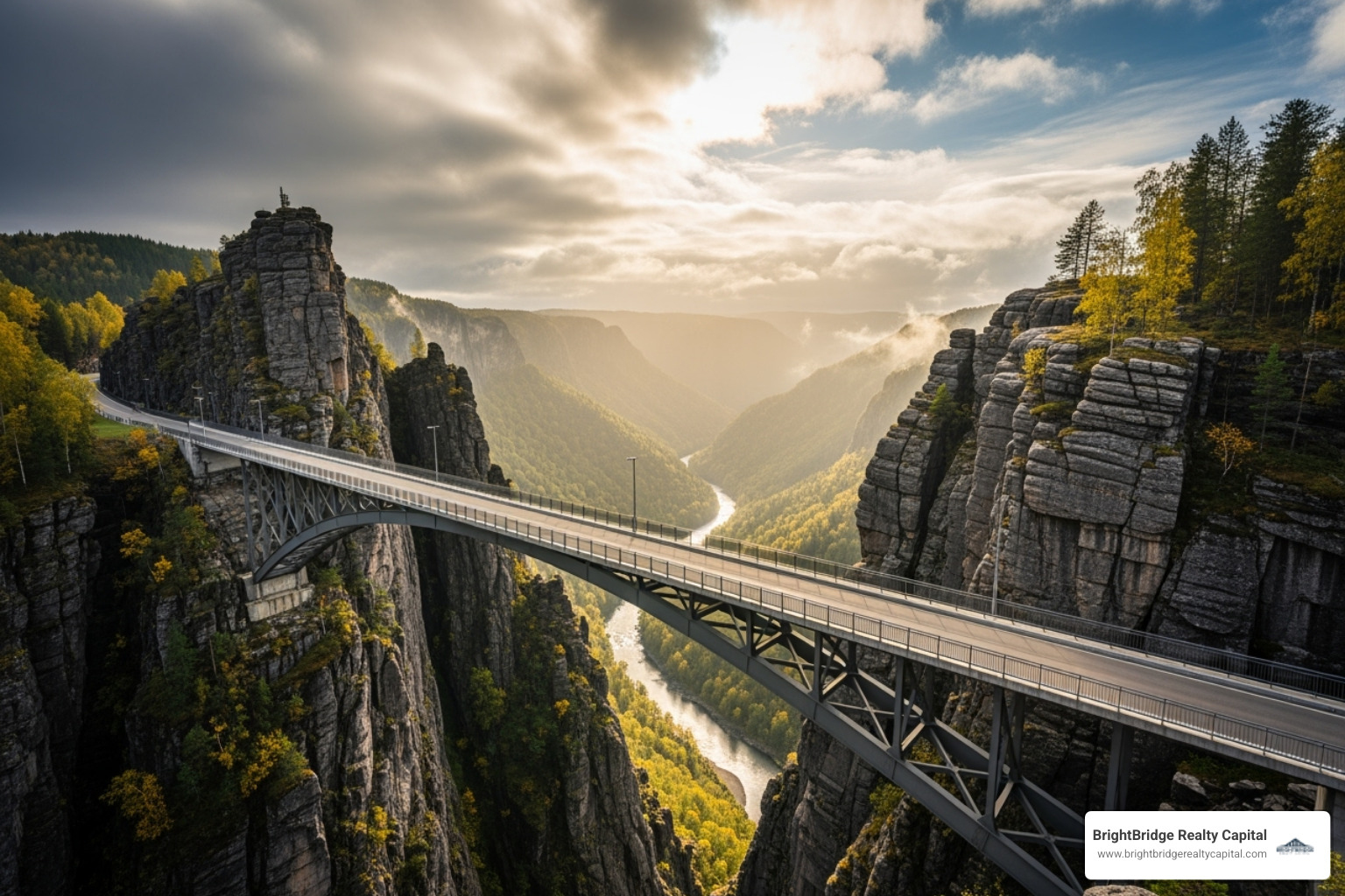A bridge connecting two cliffs, one labeled "Cash Crunch" and the other "Series A Funding" - bridge loans for early stage companies