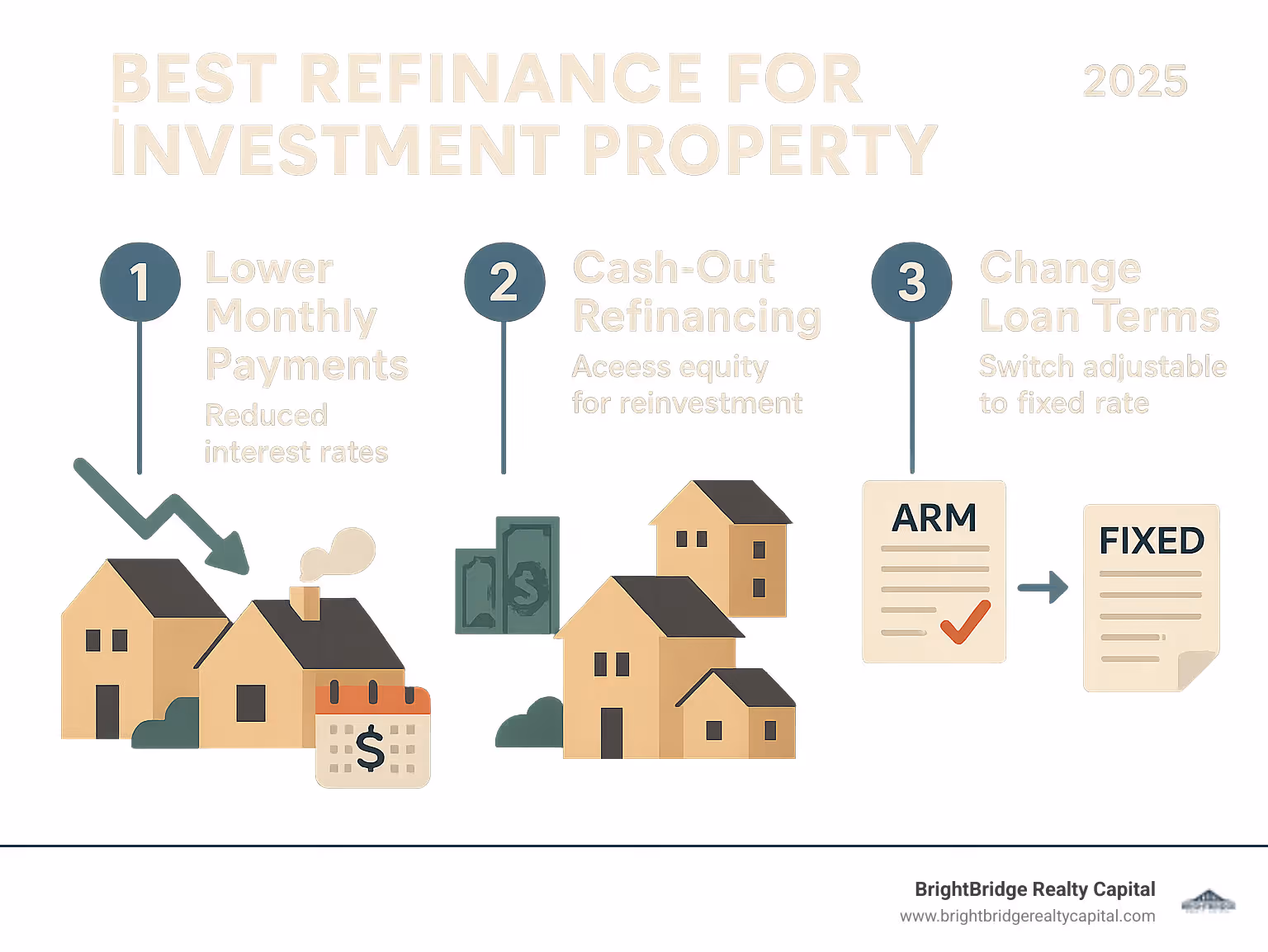 Infographic showing the three main benefits of investment property refinancing: 1) Lower monthly payments through reduced interest rates, 2) Cash-out refinancing to access equity for reinvestment in additional properties, and 3) Changing loan terms from adjustable-rate to fixed-rate mortgages for predictable expenses - best refinance for investment property infographic 