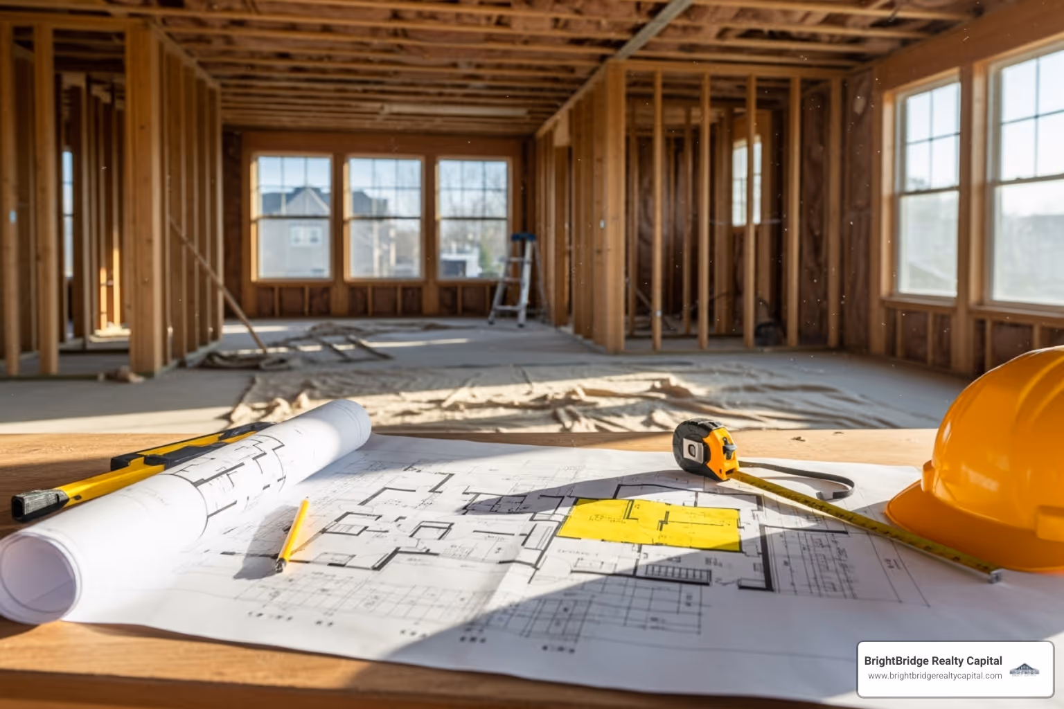residential property undergoing renovation, with blueprints laid out on a table - Flexible financing options