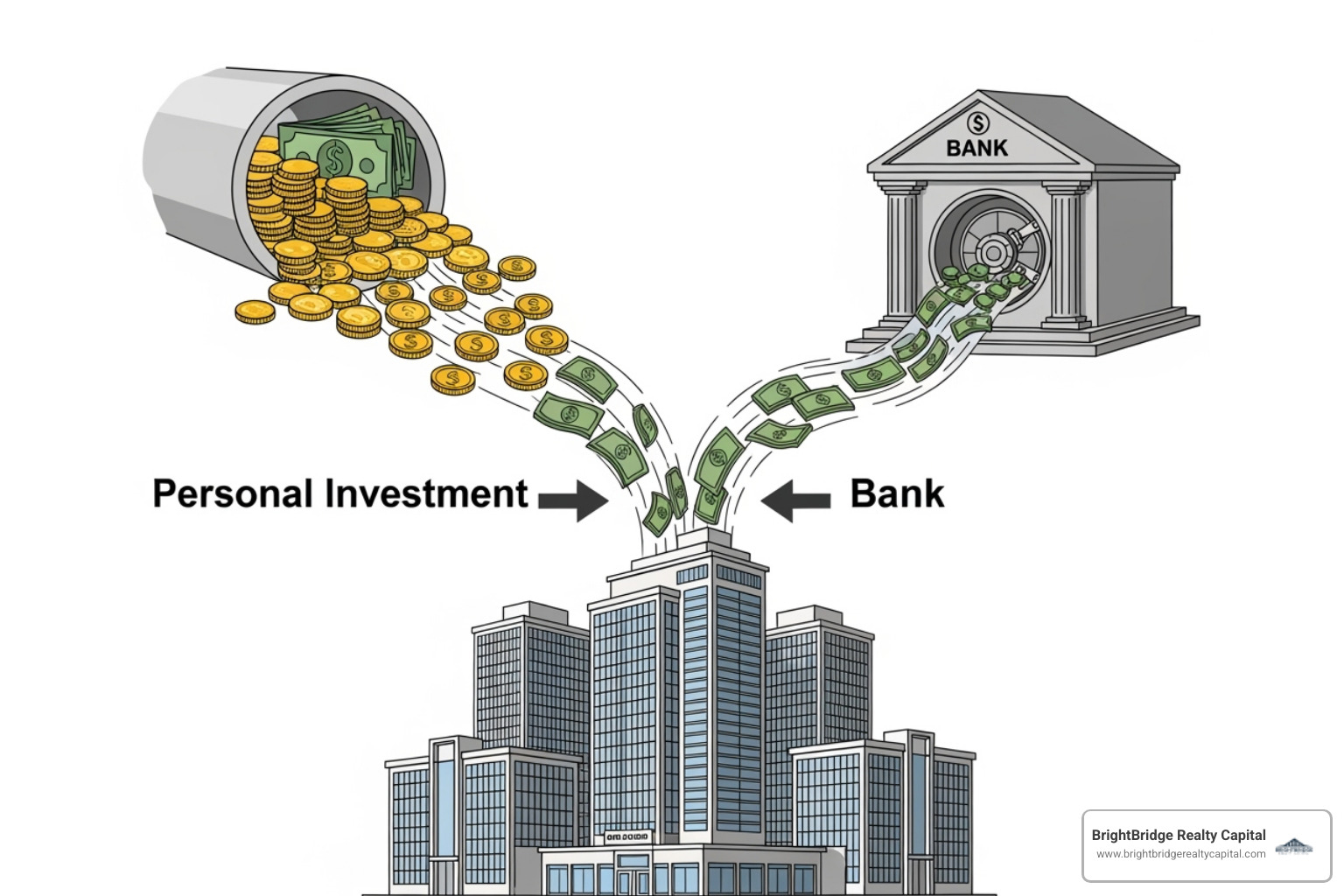 Flowchart showing capital sources (equity, debt) funding a real estate asset - High leverage financing Flowchart showing capital sources (equity, debt) funding a real estate asset - High leverage financing
