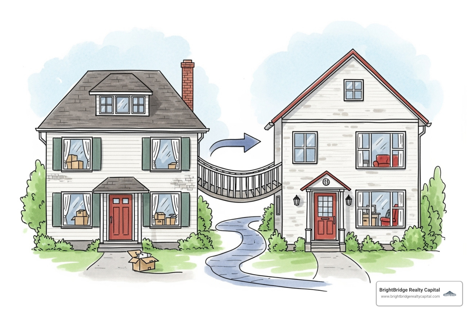 A timeline showing the overlap between buying a new home and selling an old one, with a bridge loan covering the gap - bridge mortgage