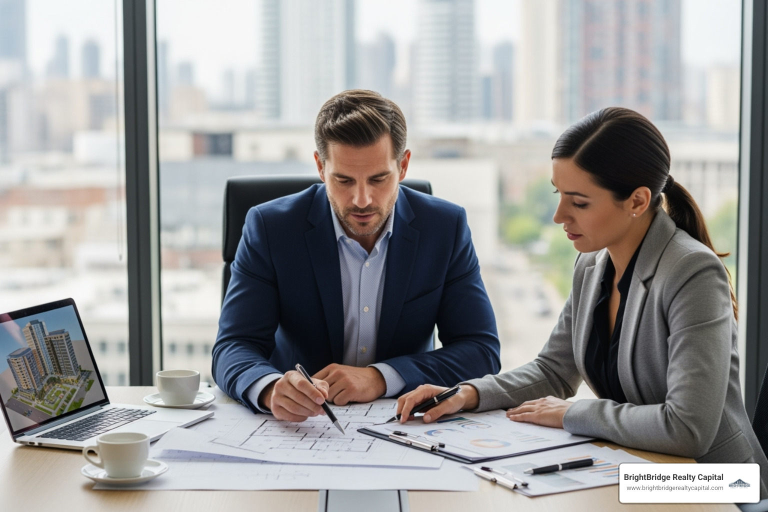 real estate investor reviewing project plans with a lender - bridge ground up construction loan