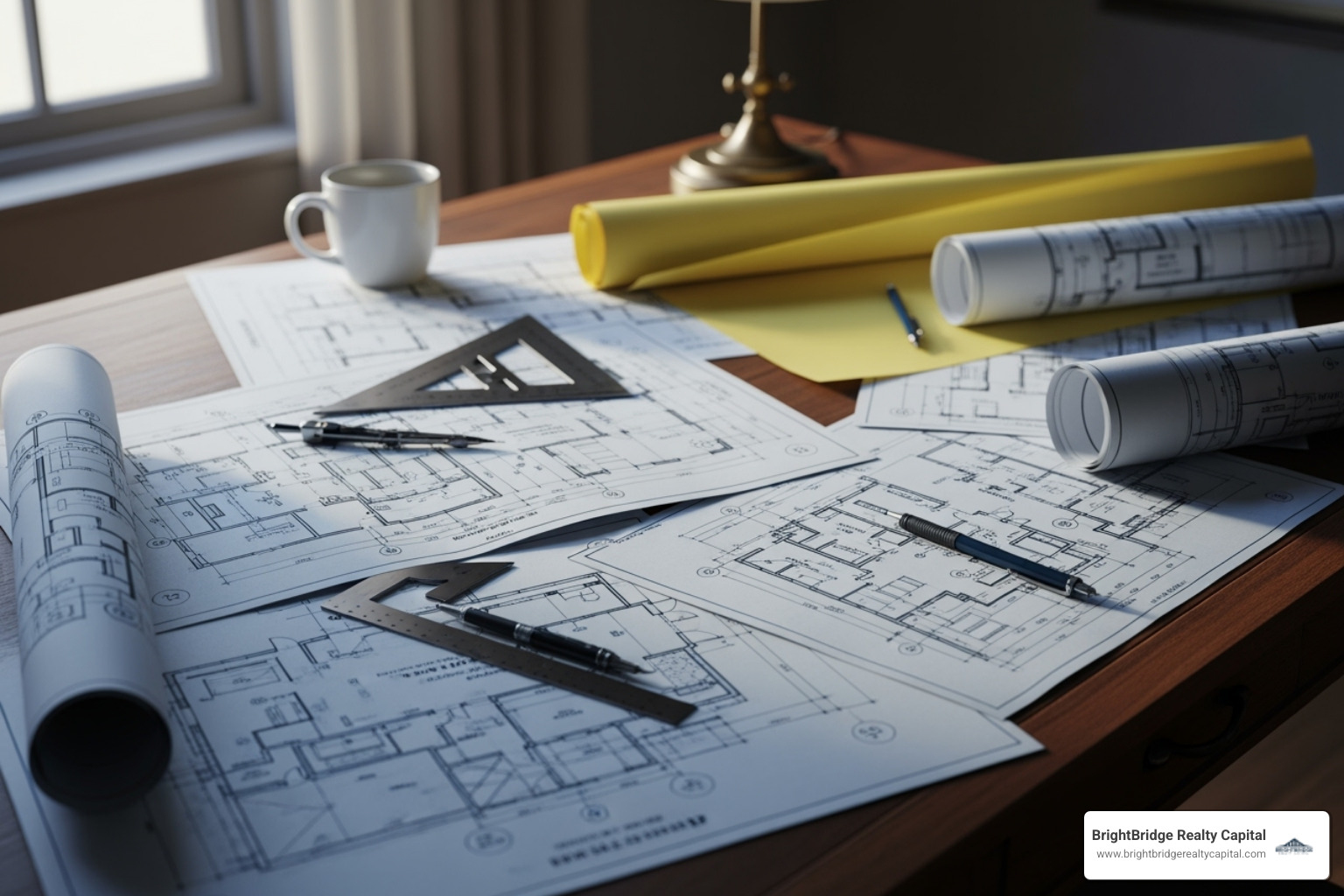architectural blueprints spread out on a desk - bridge ground up construction loan