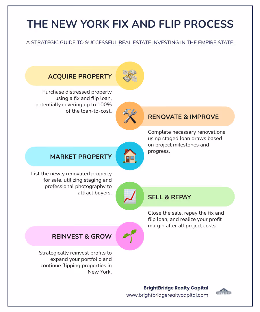 infographic showing the 4 steps of a fix and flip project: Step 1 Acquire - Purchase distressed property using fix and flip loan covering up to 100% LTC; Step 2 Renovate - Complete renovations using staged loan draws based on project milestones; Step 3 Market - List property after renovations using staging and professional photography; Step 4 Sell - Close sale and repay loan, keeping profit margin after all costs - fix and flip loan New York infographic infographic-line-5-steps-colors