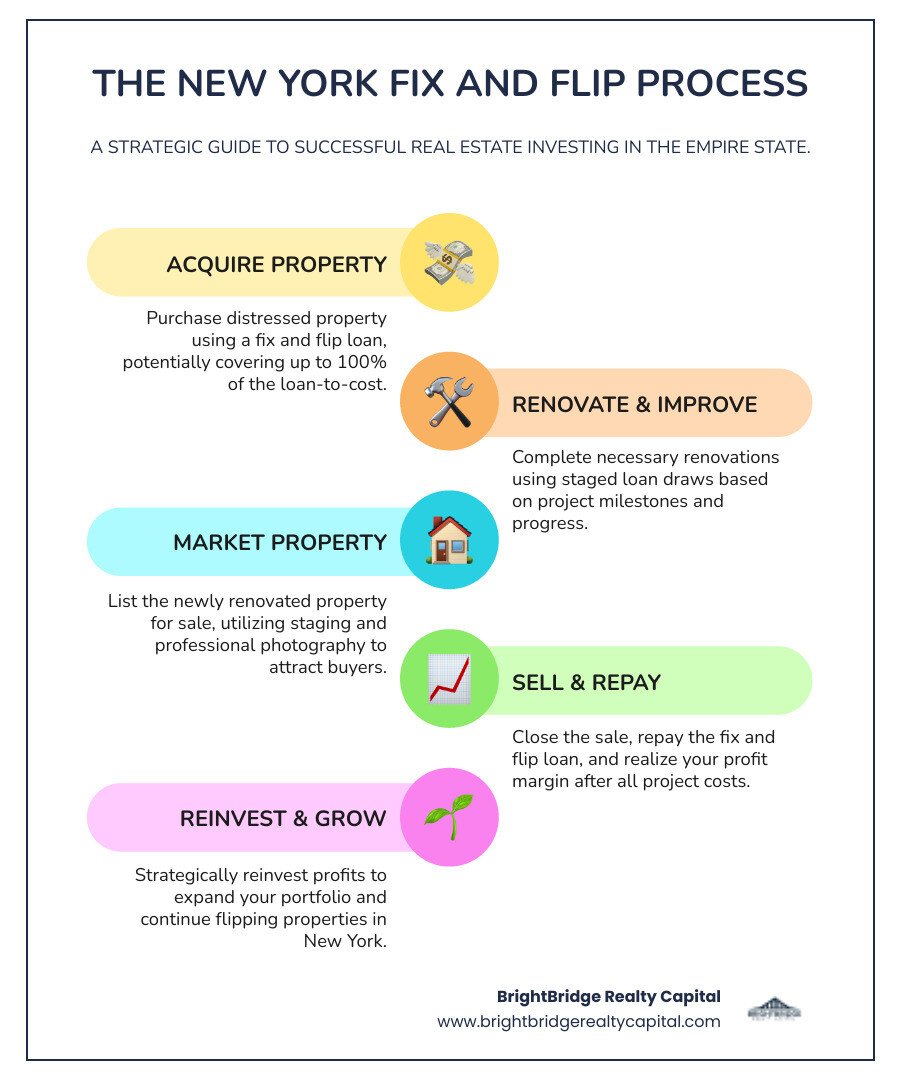 infographic showing the 4 steps of a fix and flip project: Step 1 Acquire - Purchase distressed property using fix and flip loan covering up to 100% LTC; Step 2 Renovate - Complete renovations using staged loan draws based on project milestones; Step 3 Market - List property after renovations using staging and professional photography; Step 4 Sell - Close sale and repay loan, keeping profit margin after all costs - fix and flip loan New York infographic infographic-line-5-steps-colors