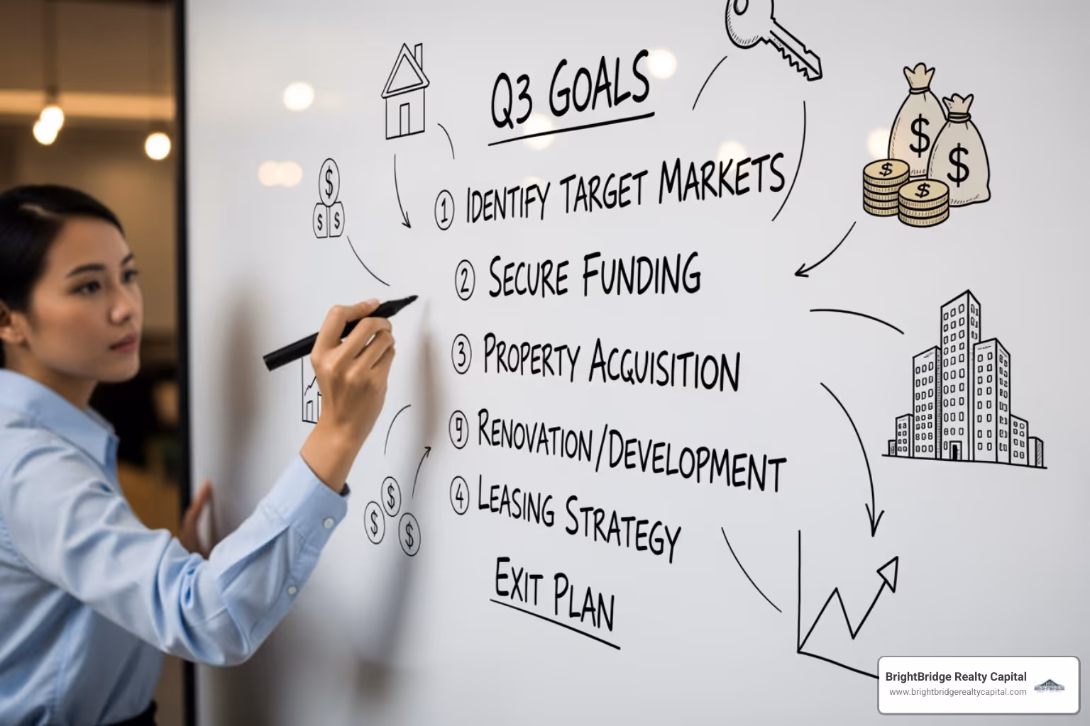 A person writing goals on a whiteboard with real estate icons, illustrating the planning phase of investment. - grow rental property portfolio