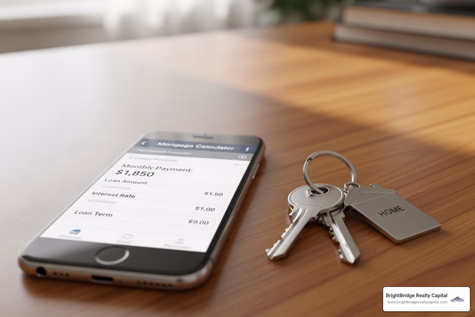 A mortgage calculator on a phone screen next to house keys, symbolizing financial planning for property acquisition. - grow rental property portfolio
