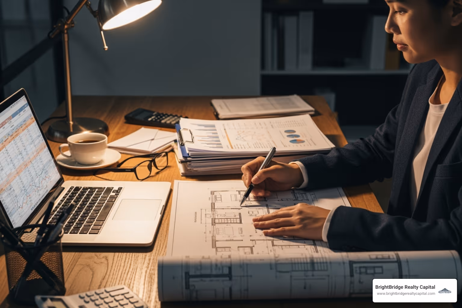 a person reviewing financial documents and a property blueprint - Income property loan