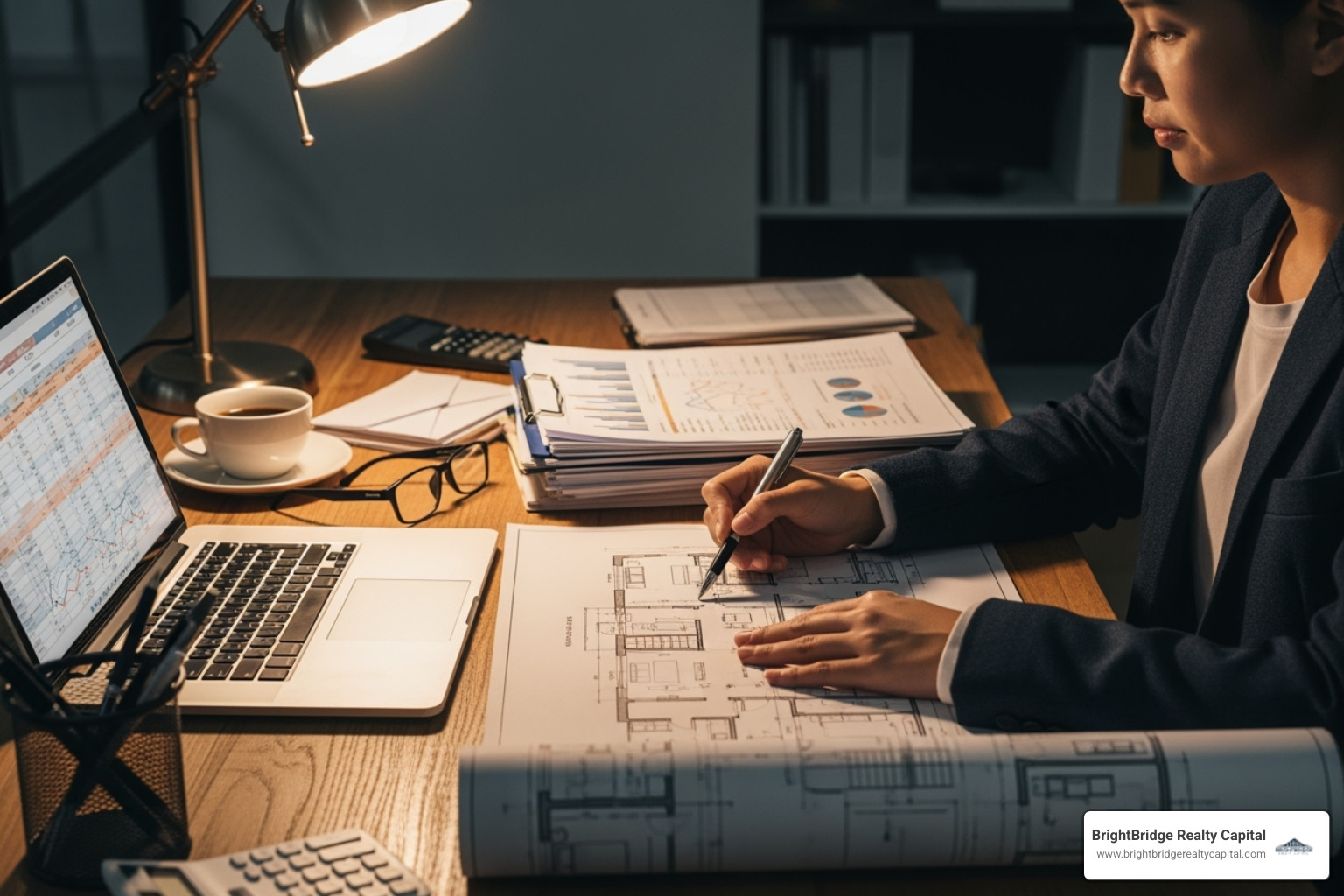 a person reviewing financial documents and a property blueprint - Income property loan a person reviewing financial documents and a property blueprint - Income property loan