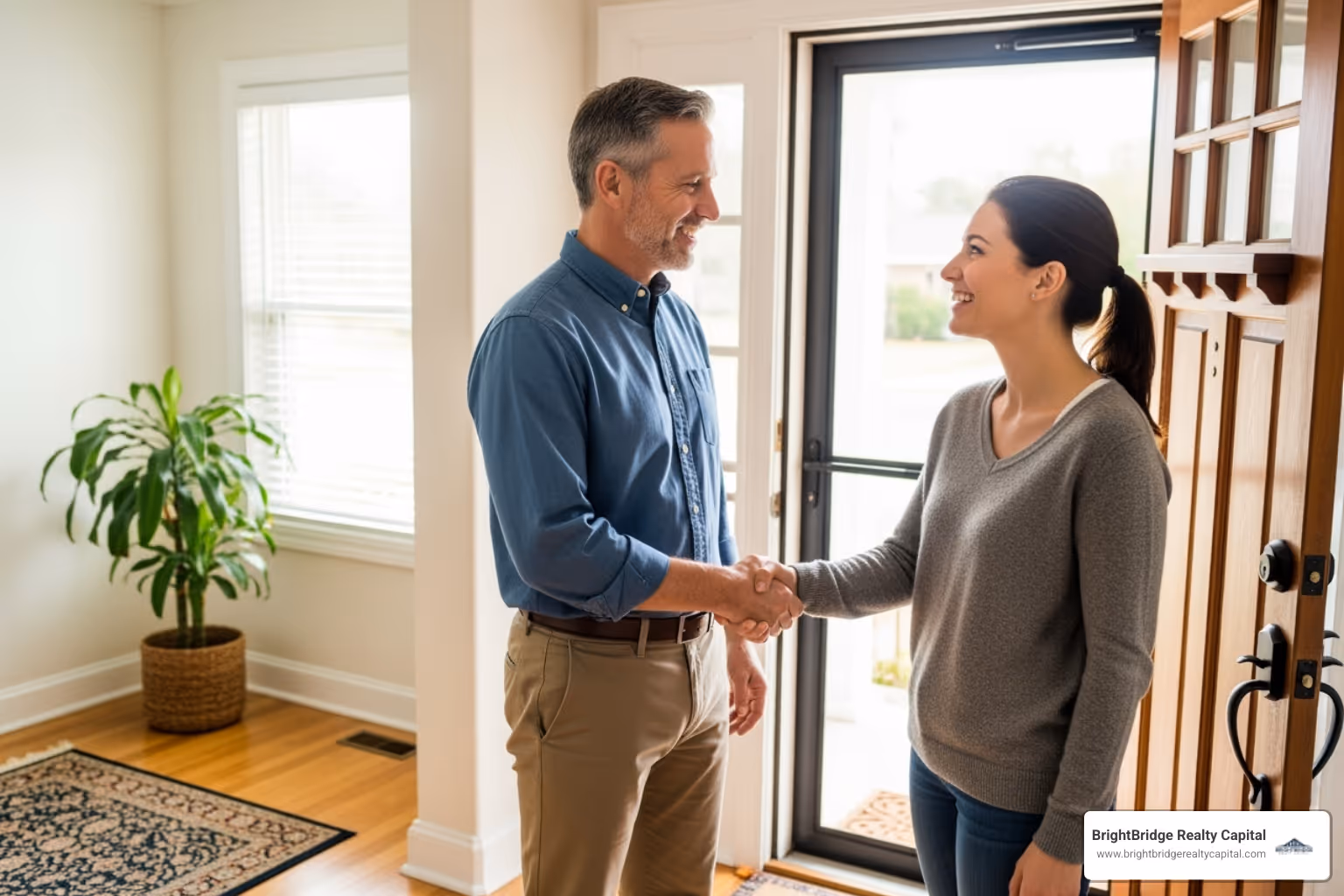 a landlord shaking hands with a happy tenant - Income property loan