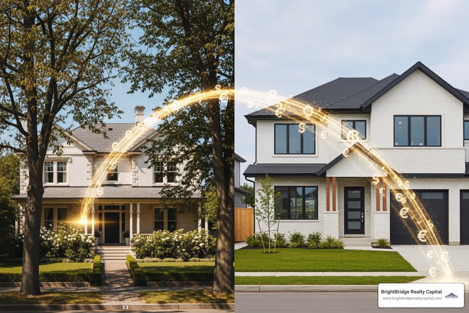illustrating how equity from an old home is used for a new home's down payment - bridge loan when buying a home