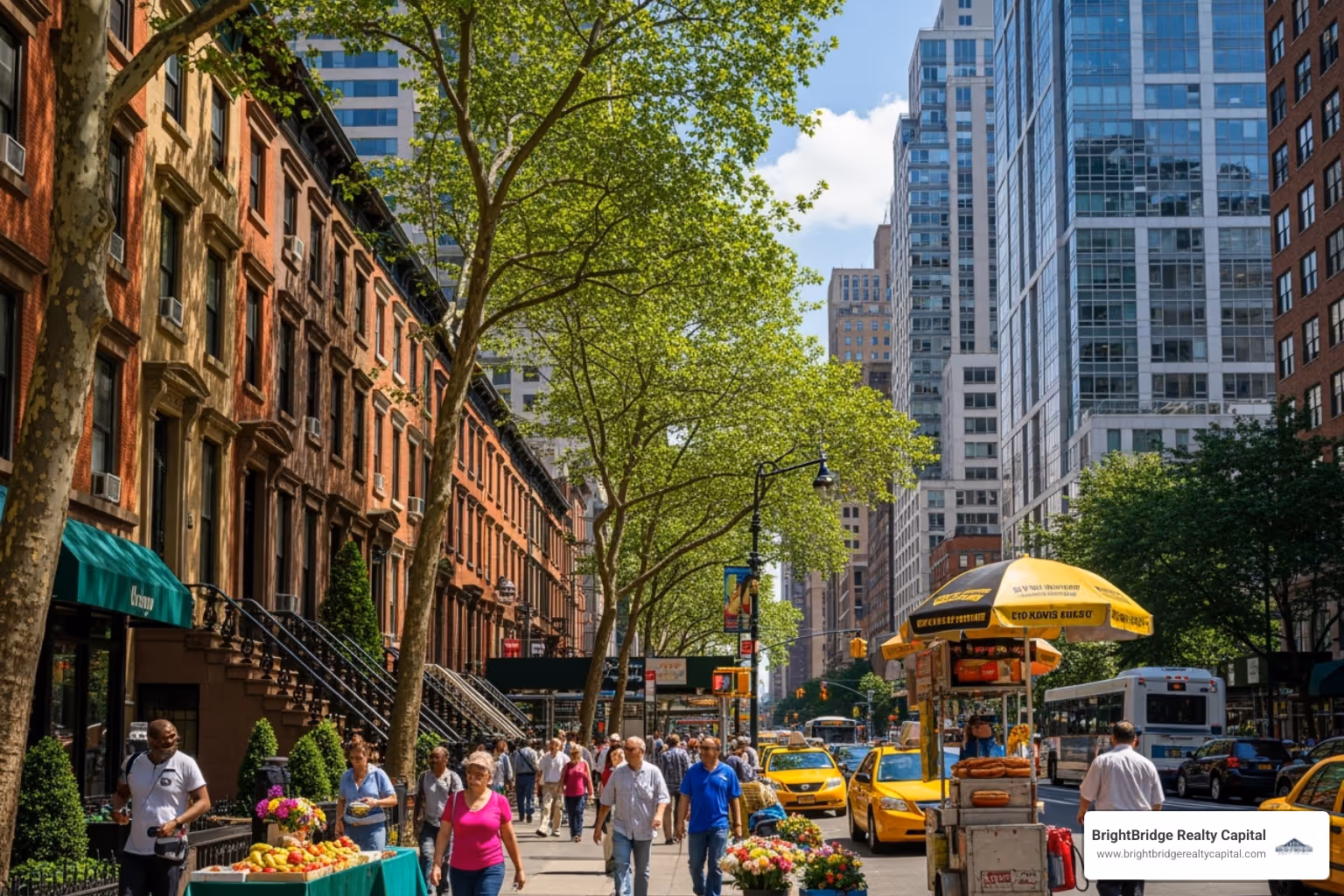 A diverse NYC neighborhood with a mix of historic buildings and modern elements, showing vibrant street life - NYC investment property
