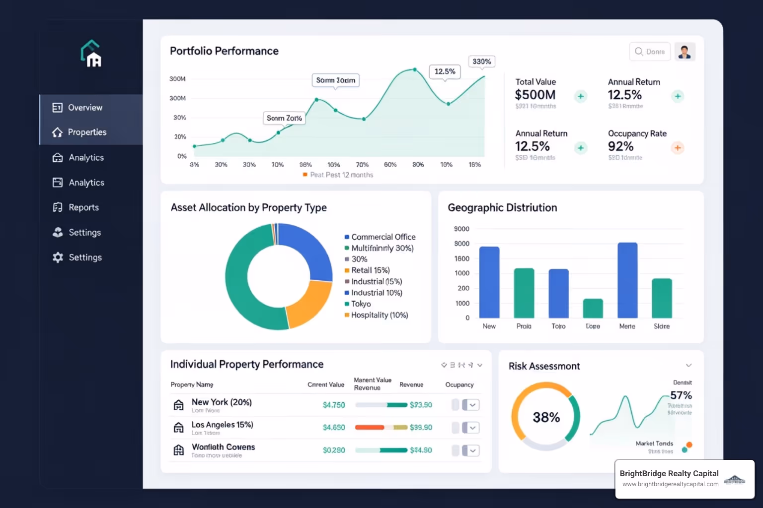 A portfolio dashboard showing diversified real estate holdings, with charts and graphs indicating performance and asset allocation - capital for real estate