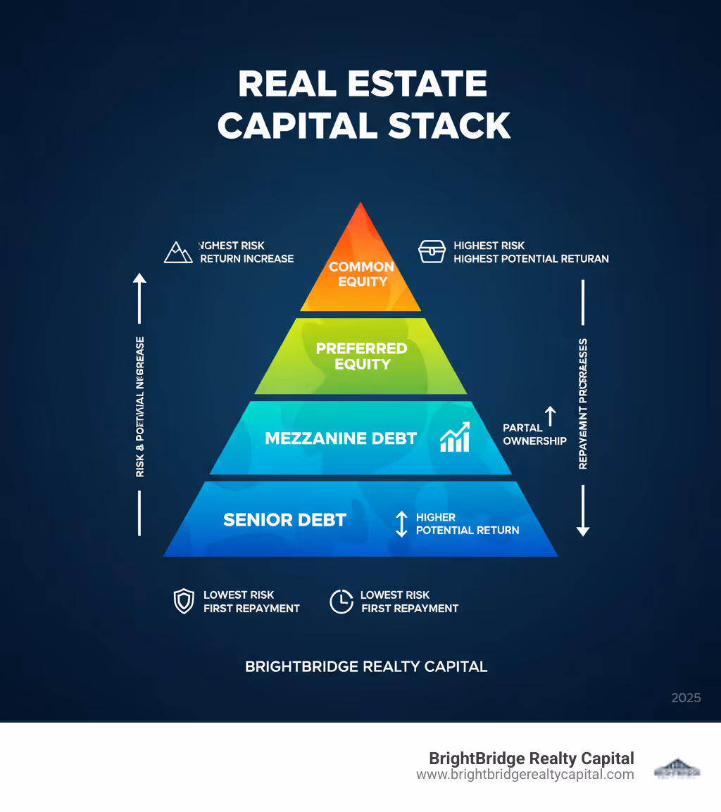 Infographic showing the real estate capital stack, from senior debt at the base (lowest risk, first repayment priority) through mezzanine debt and preferred equity, up to common equity at the top (highest risk, last repayment priority, highest potential return) - capital for real estate infographic