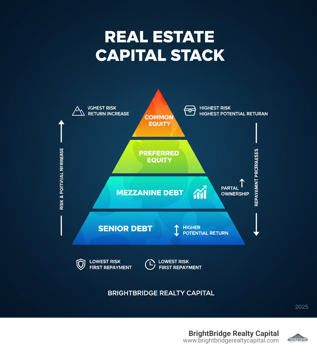 Infographic showing the real estate capital stack, from senior debt at the base (lowest risk, first repayment priority) through mezzanine debt and preferred equity, up to common equity at the top (highest risk, last repayment priority, highest potential return) - capital for real estate infographic  Infographic showing the real estate capital stack, from senior debt at the base (lowest risk, first repayment priority) through mezzanine debt and preferred equity, up to common equity at the top (highest risk, last repayment priority, highest potential return) - capital for real estate infographic