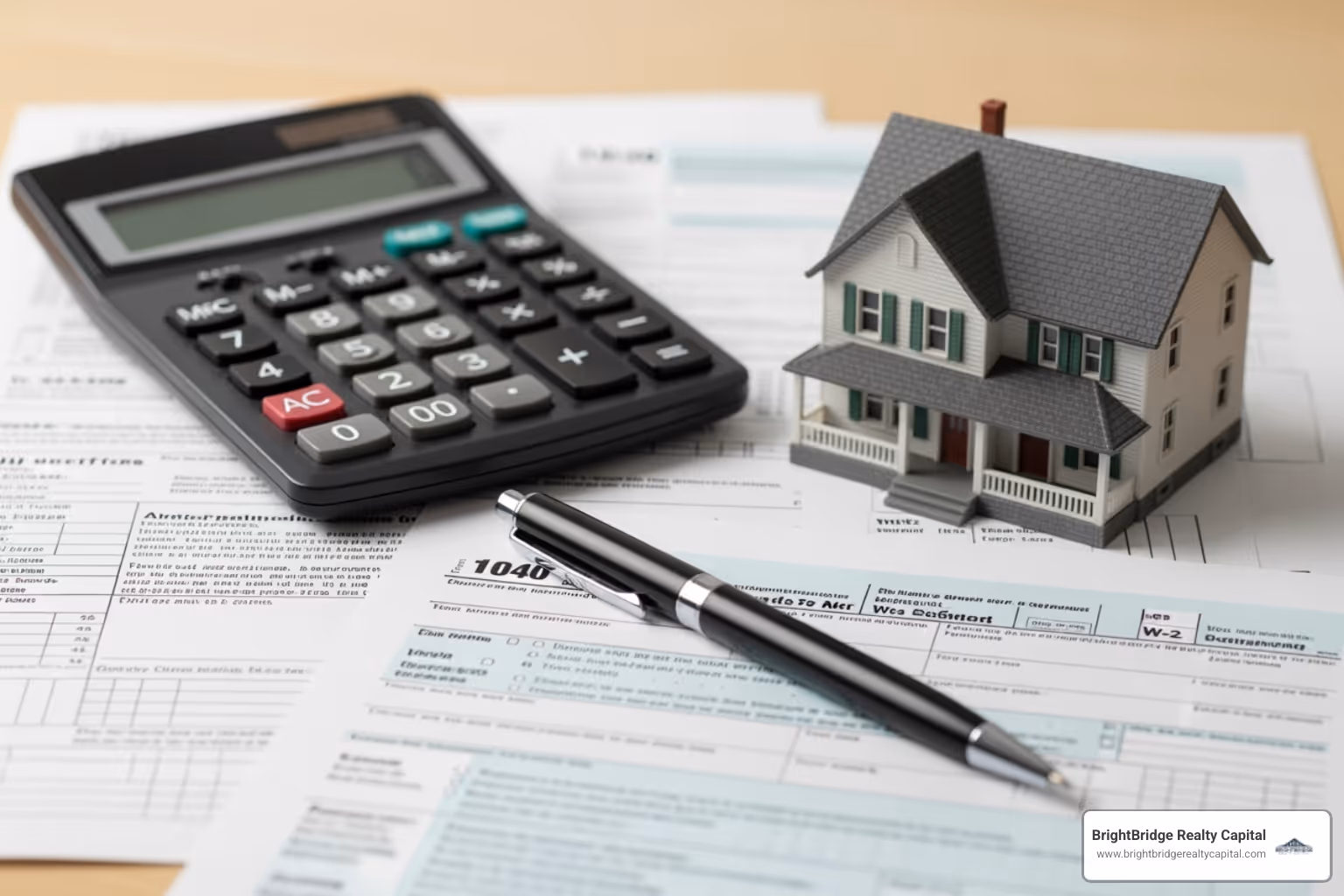 A calculator and pen on top of tax documents next to a small model house, symbolizing the financial and tax considerations in real estate investment - capital for real estate
