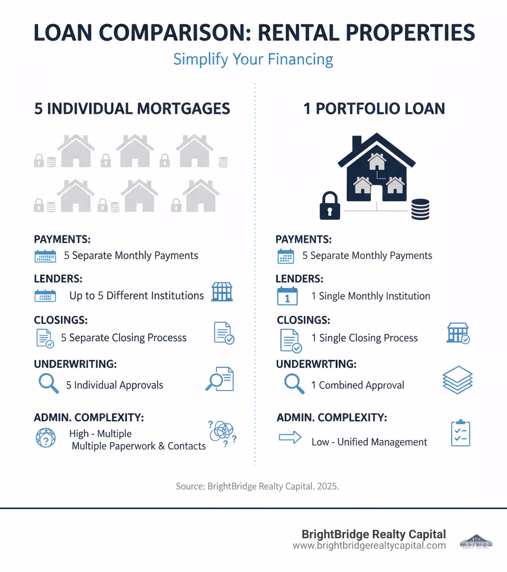 Infographic comparing 5 individual mortgages versus 1 portfolio loan showing differences in number of payments, lenders, closings, underwriting requirements, and administrative complexity - rental property portfolio loan program infographic 