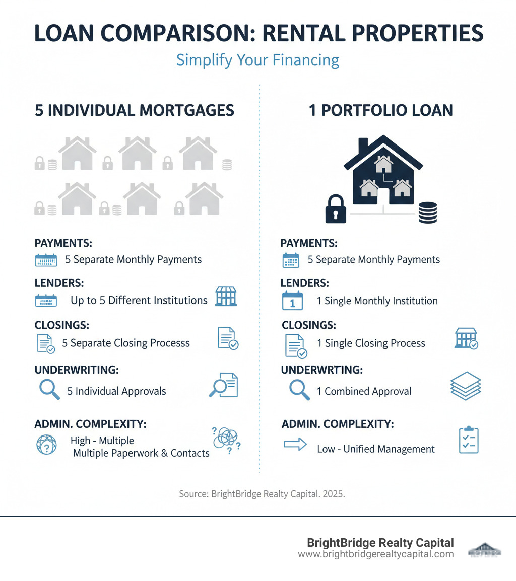 Infographic comparing 5 individual mortgages versus 1 portfolio loan showing differences in number of payments, lenders, closings, underwriting requirements, and administrative complexity - rental property portfolio loan program infographic 
