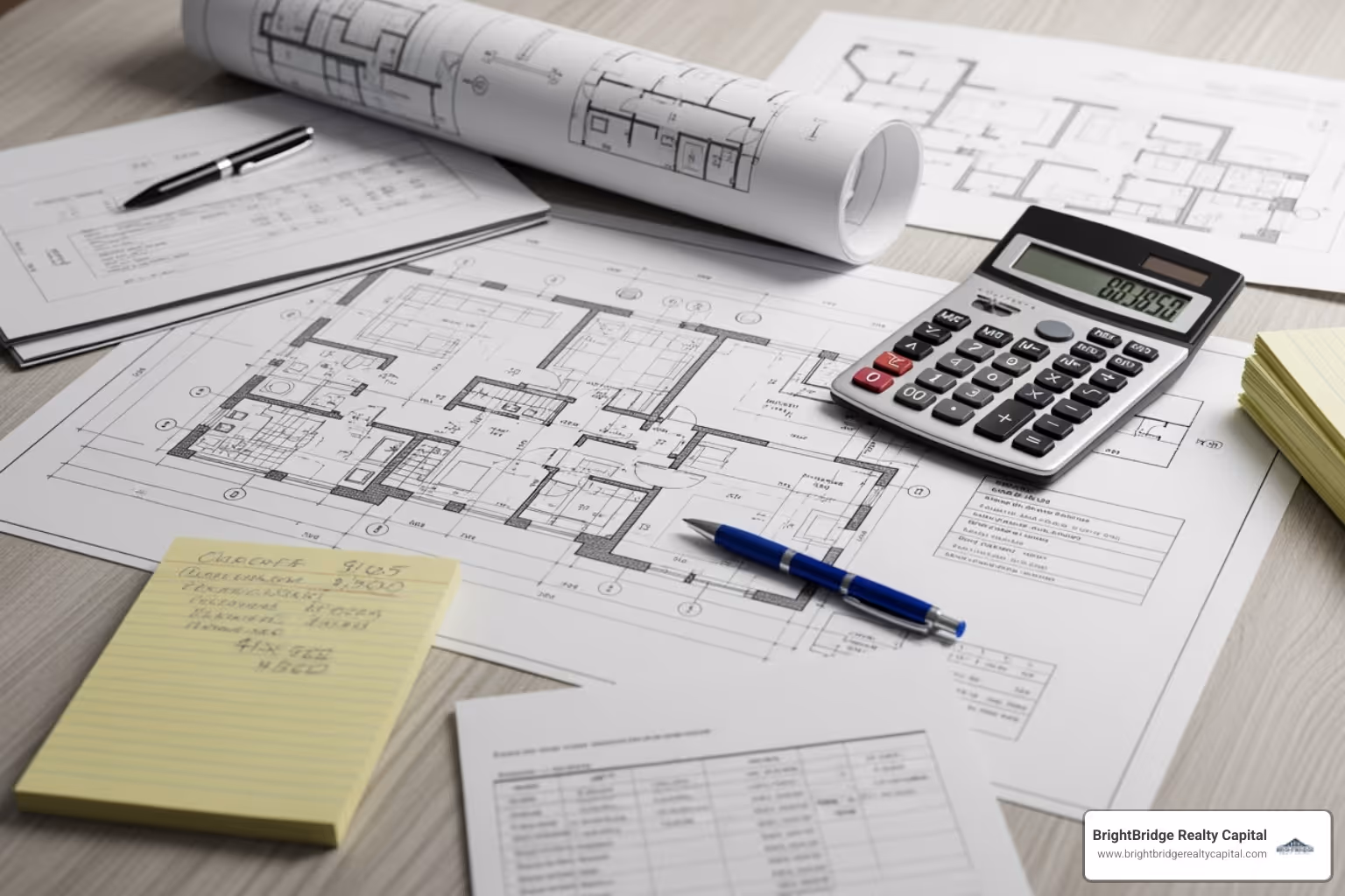 property blueprint with renovation cost calculations - bridge loan for renovation