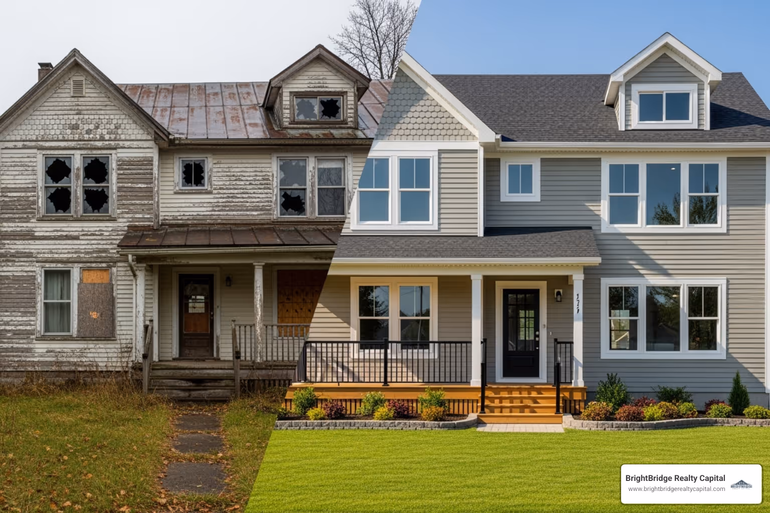 dramatic before-and-after photo of a home exterior renovation - bridge loan for renovation