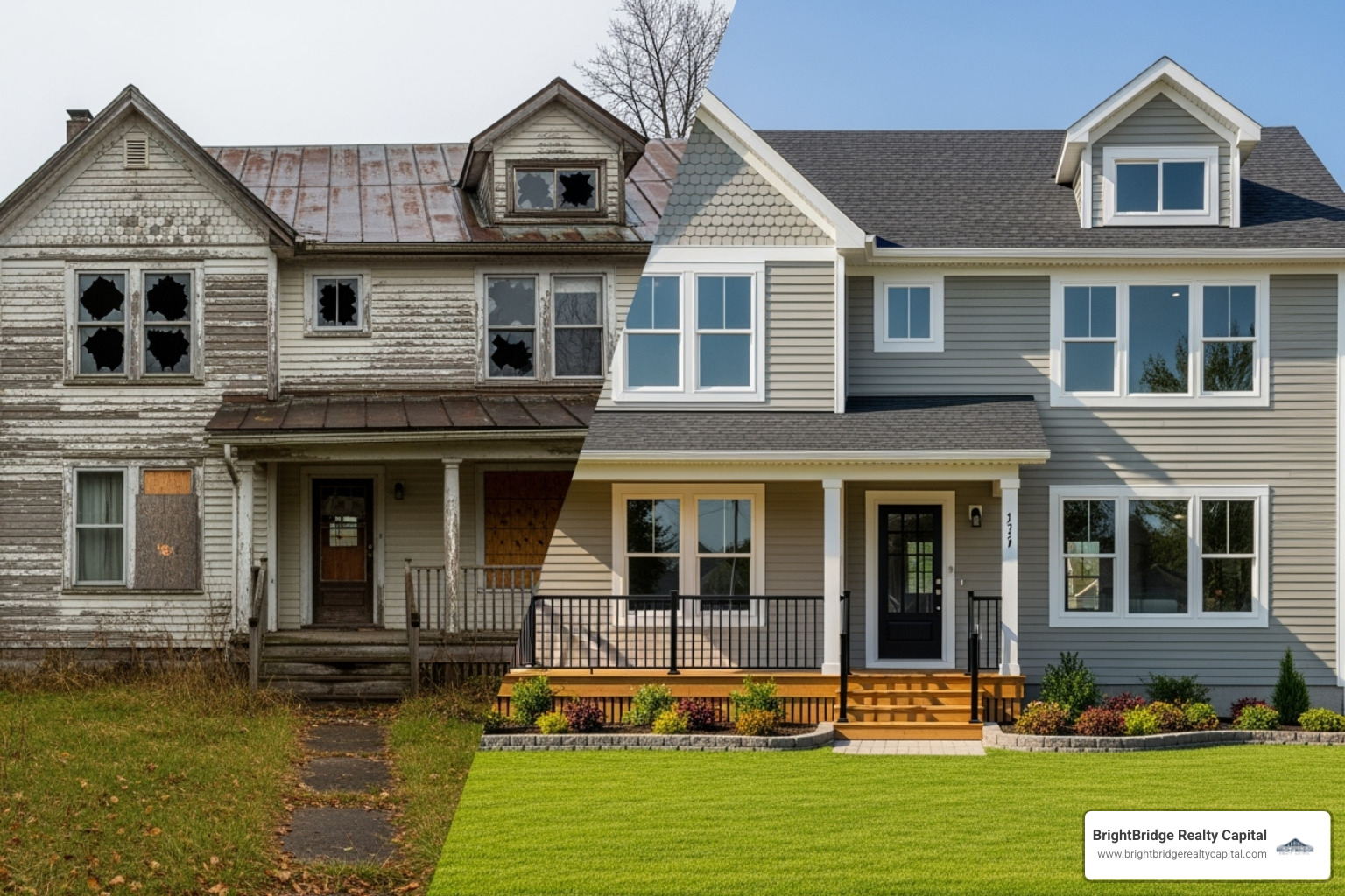 dramatic before-and-after photo of a home exterior renovation - bridge loan for renovation dramatic before-and-after photo of a home exterior renovation - bridge loan for renovation