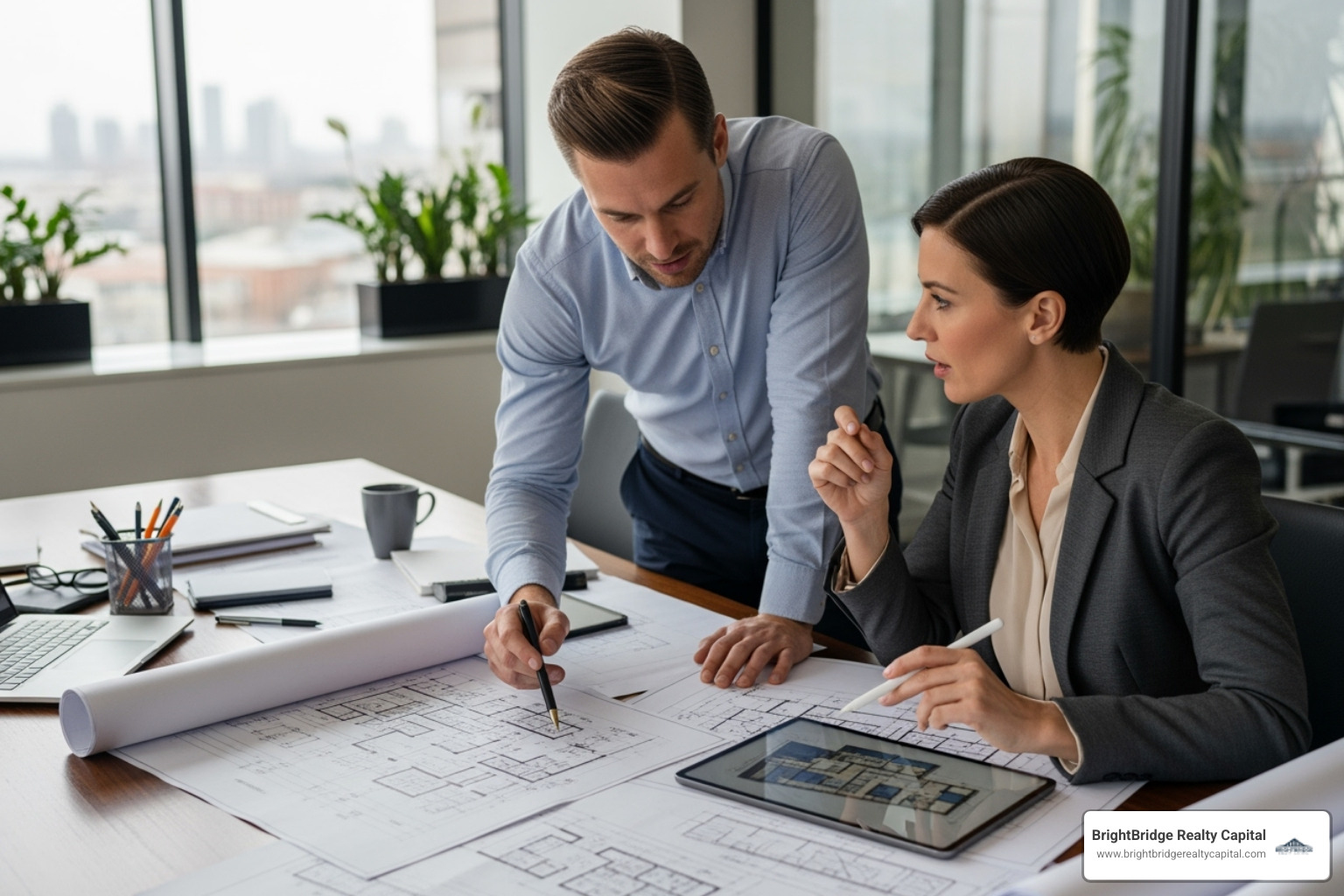 developer reviewing a project plan with an architect - property development loan developer reviewing a project plan with an architect - property development loan
