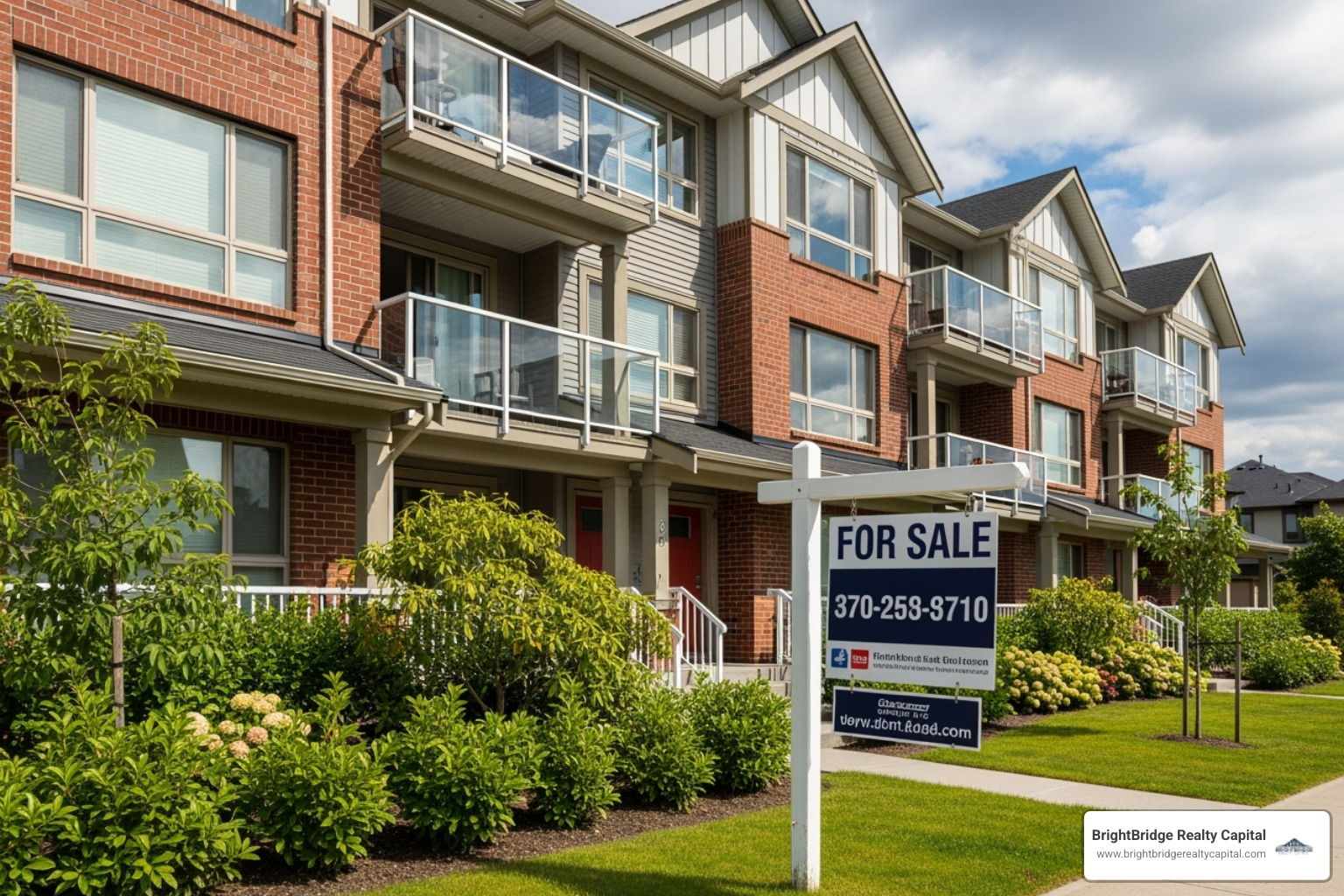 completed multi-unit residential property with a "For Sale" sign - property development loan completed multi-unit residential property with a "For Sale" sign - property development loan