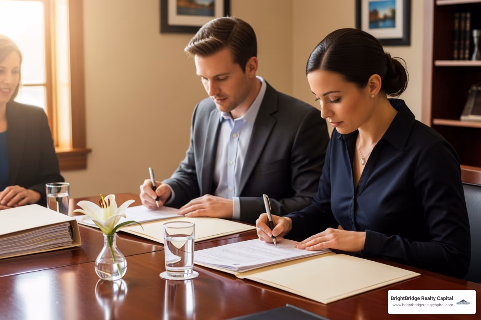 couple signing documents at a closing table - Staten Island property