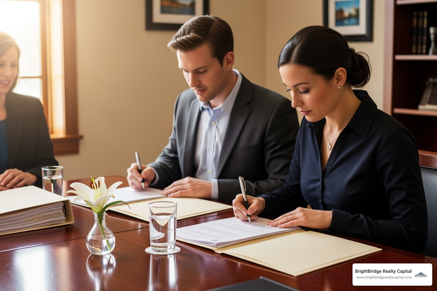 couple signing documents at a closing table - Staten Island property