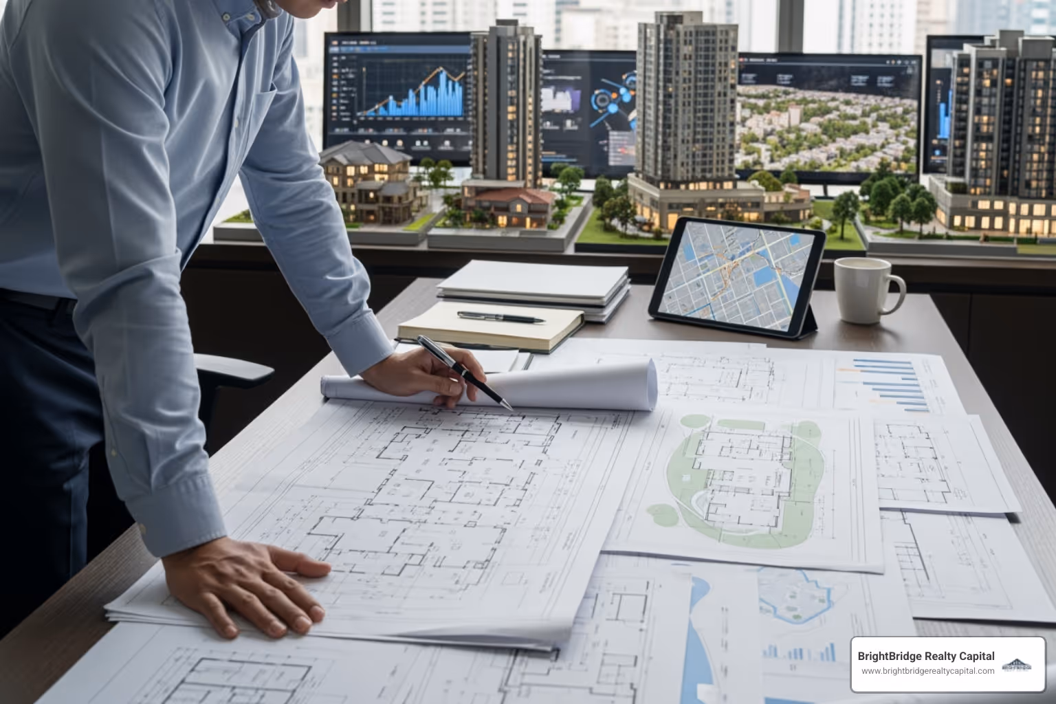 A real estate investor reviewing blueprints for multiple properties, symbolizing portfolio management and expansion through financing. - what is portfolio financing