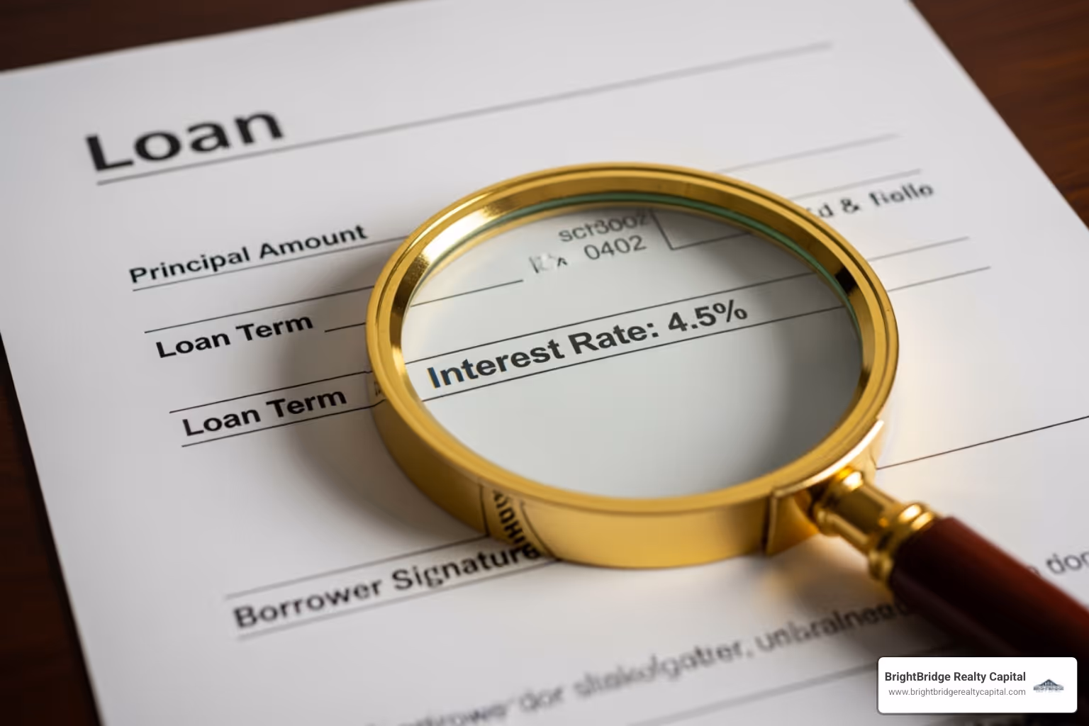 Loan document with magnifying glass over it - Rental property loans