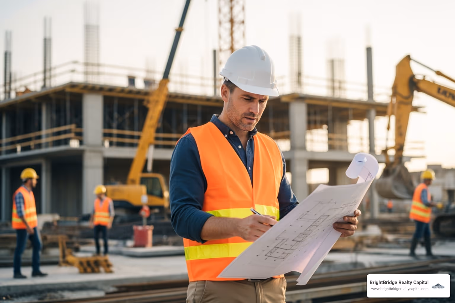 a real estate investor reviewing blueprints on a construction site - private bridge lenders