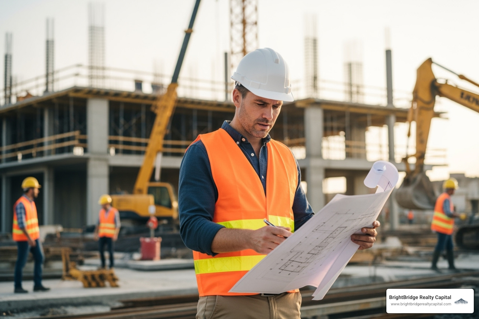 a real estate investor reviewing blueprints on a construction site - private bridge lenders a real estate investor reviewing blueprints on a construction site - private bridge lenders