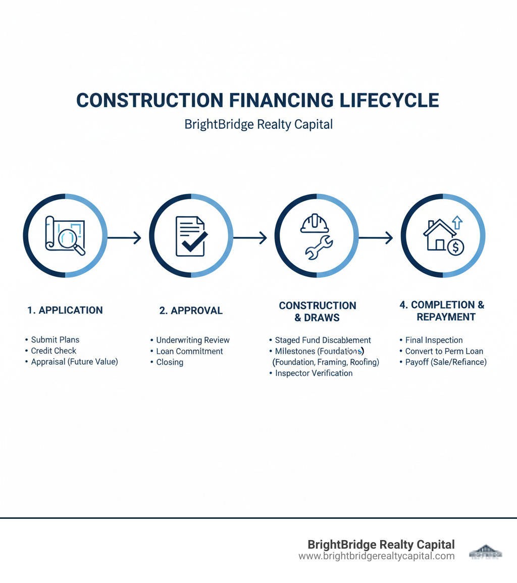 Infographic showing the 4-stage construction financing lifecycle: Stage 1 - Application (submit plans, credit check, appraisal based on future value), Stage 2 - Approval (underwriting review, loan commitment, closing), Stage 3 - Construction and Draws (staged fund disbursement at milestones like foundation, framing, roofing, verified by inspector), Stage 4 - Completion and Repayment (final inspection, convert to permanent loan or payoff via sale or refinance) - construction financing solutions infographic 