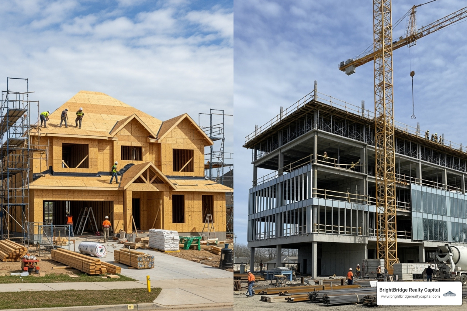 Split view of residential home and commercial building under construction - construction financing solutions