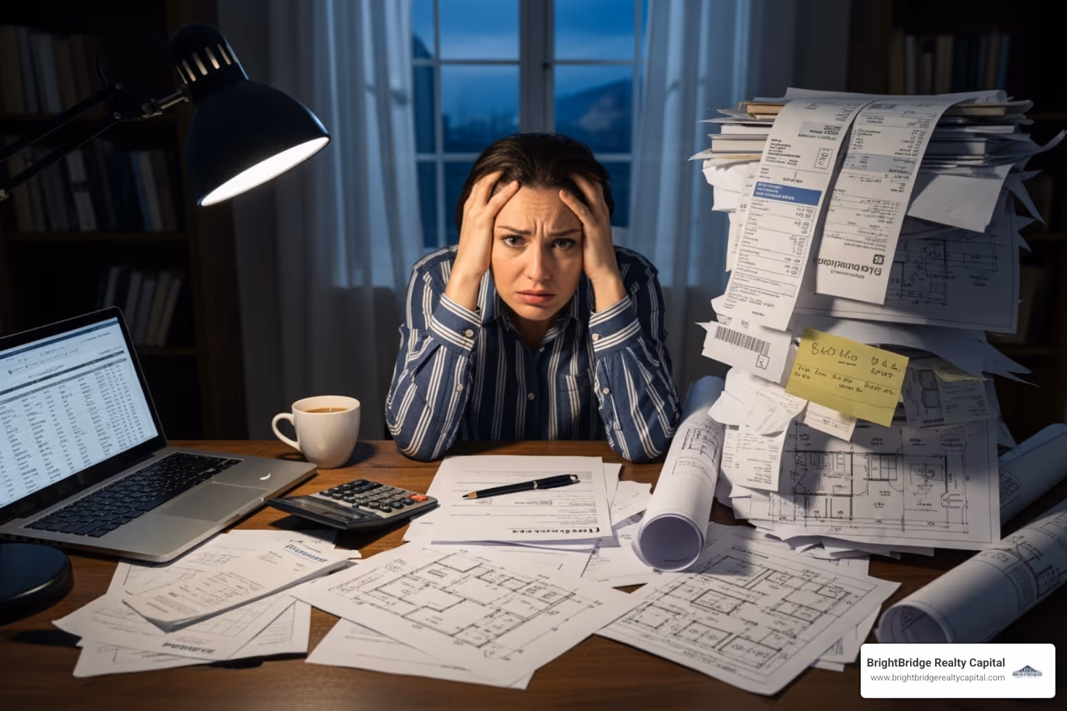 person looking stressed while reviewing a pile of bills and construction plans - quick turn real estate