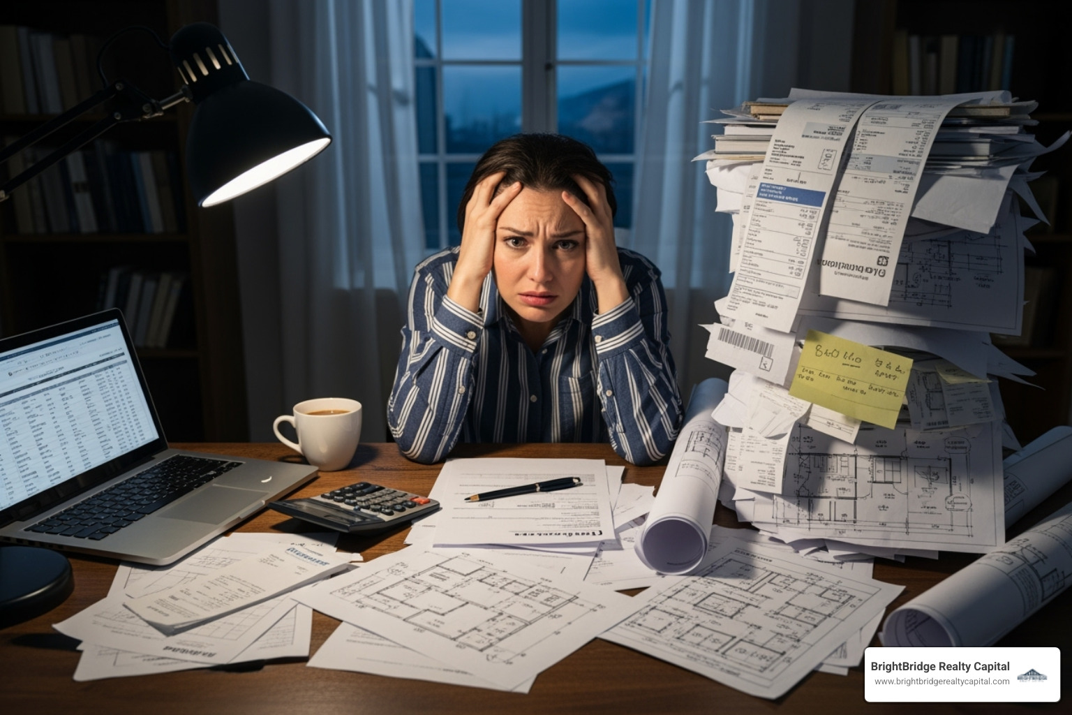 person looking stressed while reviewing a pile of bills and construction plans - quick turn real estate