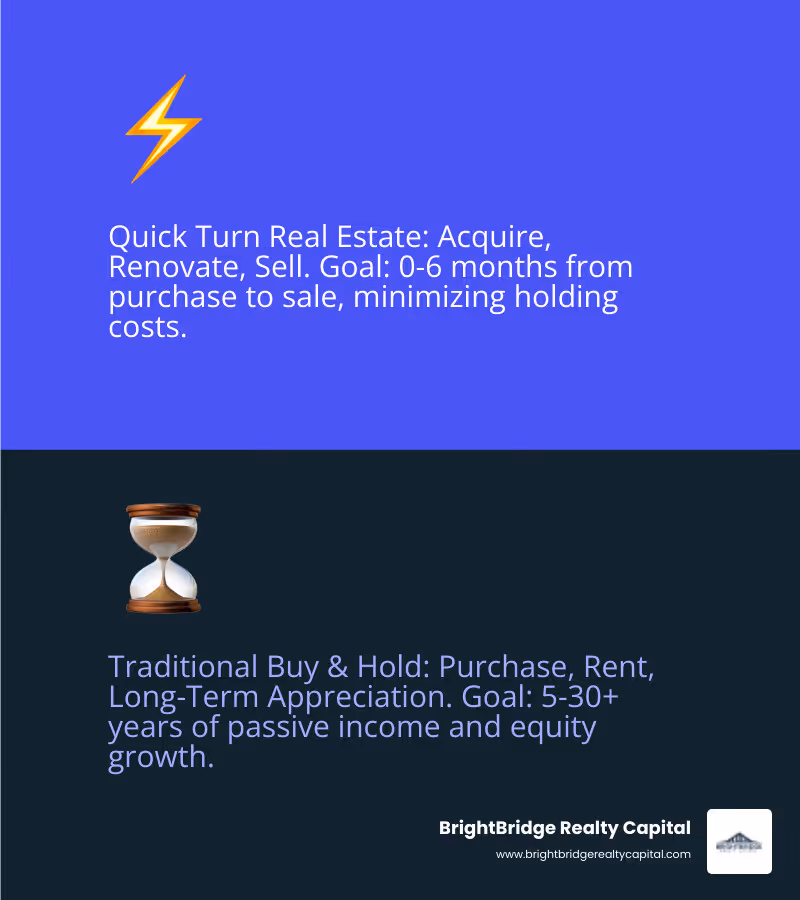 infographic showing timeline comparison: Quick Turn (0-6 months: Find Deal, Secure Financing, Close in 7-14 days, Renovate 30-90 days, List and Sell 30-60 days) vs Traditional Buy and Hold (Purchase, Hold 5-30+ years, Collect Rent, Long-term Appreciation, Eventual Sale) - quick turn real estate infographic 2_facts_emoji_blue