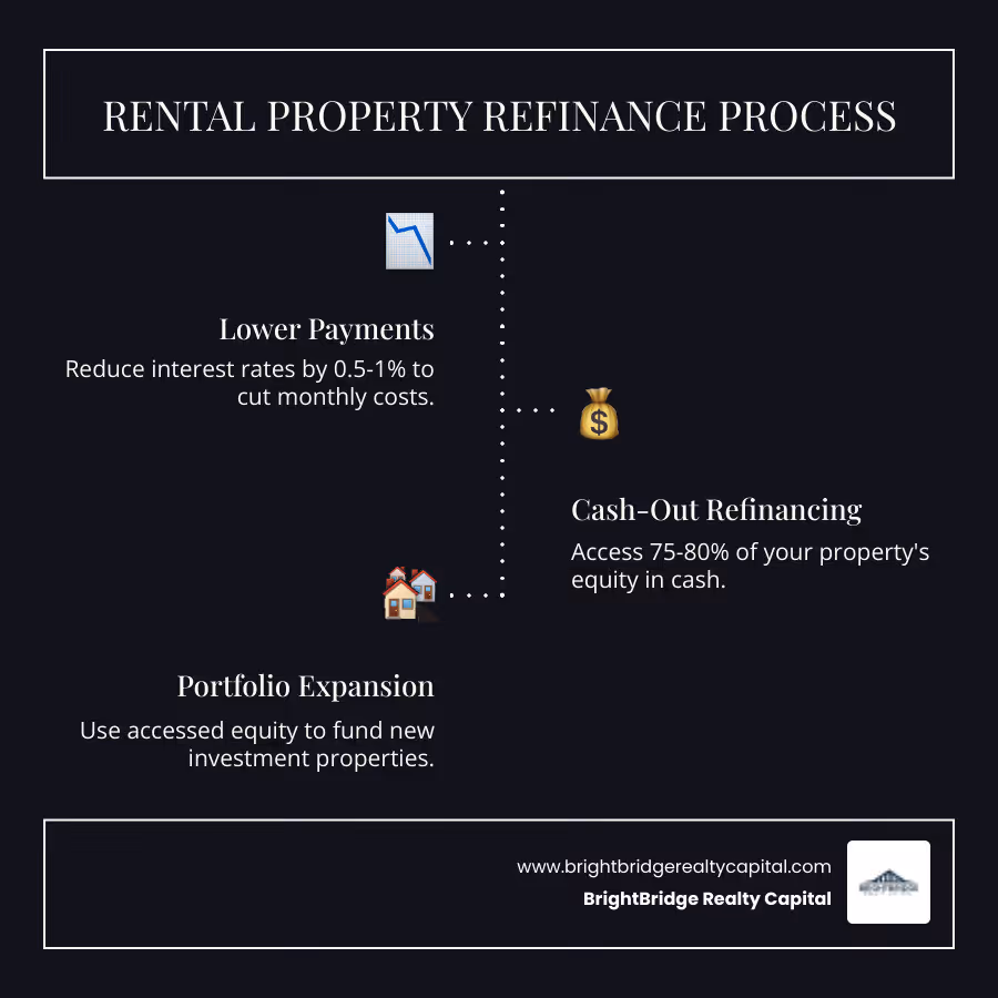 Infographic showing the rental property refinance process: 1. Lower payments through better rates, 2. Cash-out refinancing to access equity up to 75% of property value, 3. Use funds to expand portfolio with new rental properties - Rental property refinance infographic infographic-line-3-steps-dark