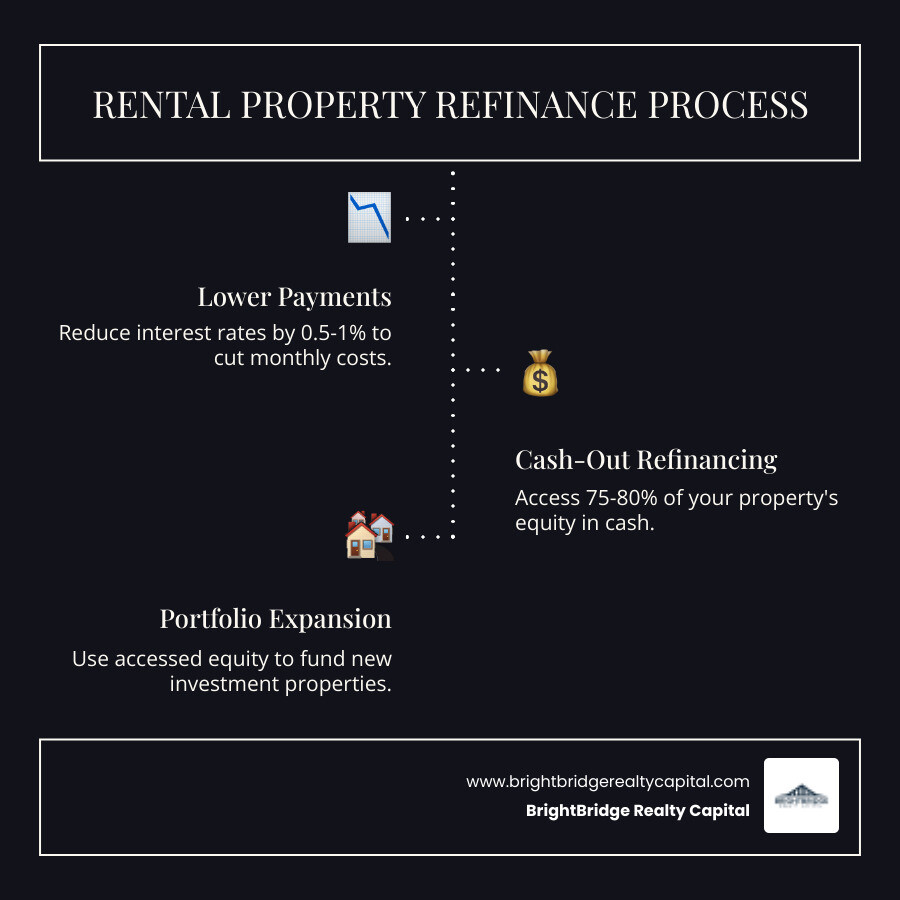Infographic showing the rental property refinance process: 1. Lower payments through better rates, 2. Cash-out refinancing to access equity up to 75% of property value, 3. Use funds to expand portfolio with new rental properties - Rental property refinance infographic infographic-line-3-steps-dark Infographic showing the rental property refinance process: 1. Lower payments through better rates, 2. Cash-out refinancing to access equity up to 75% of property value, 3. Use funds to expand portfolio with new rental properties - Rental property refinance infographic infographic-line-3-steps-dark