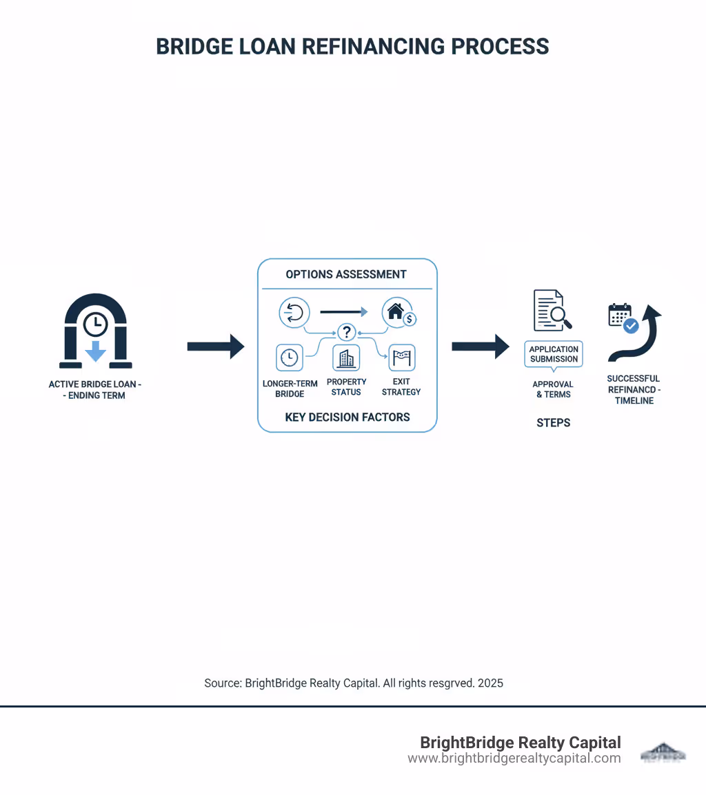 Infographic showing the bridge loan refinancing process: Starting with an active bridge loan with ending term, moving through options assessment (re-bridge, longer-term bridge, or permanent financing), then showing key decision factors (time needed, property status, exit strategy), followed by application and approval steps, and ending with successful refinance with extended timeline - refinance bridge loan infographic 