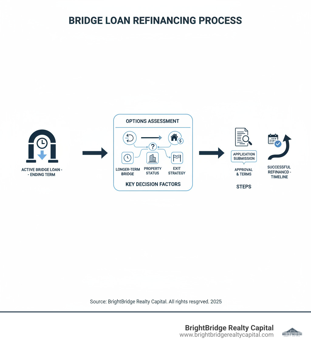 Infographic showing the bridge loan refinancing process: Starting with an active bridge loan with ending term, moving through options assessment (re-bridge, longer-term bridge, or permanent financing), then showing key decision factors (time needed, property status, exit strategy), followed by application and approval steps, and ending with successful refinance with extended timeline - refinance bridge loan infographic Infographic showing the bridge loan refinancing process: Starting with an active bridge loan with ending term, moving through options assessment (re-bridge, longer-term bridge, or permanent financing), then showing key decision factors (time needed, property status, exit strategy), followed by application and approval steps, and ending with successful refinance with extended timeline - refinance bridge loan infographic