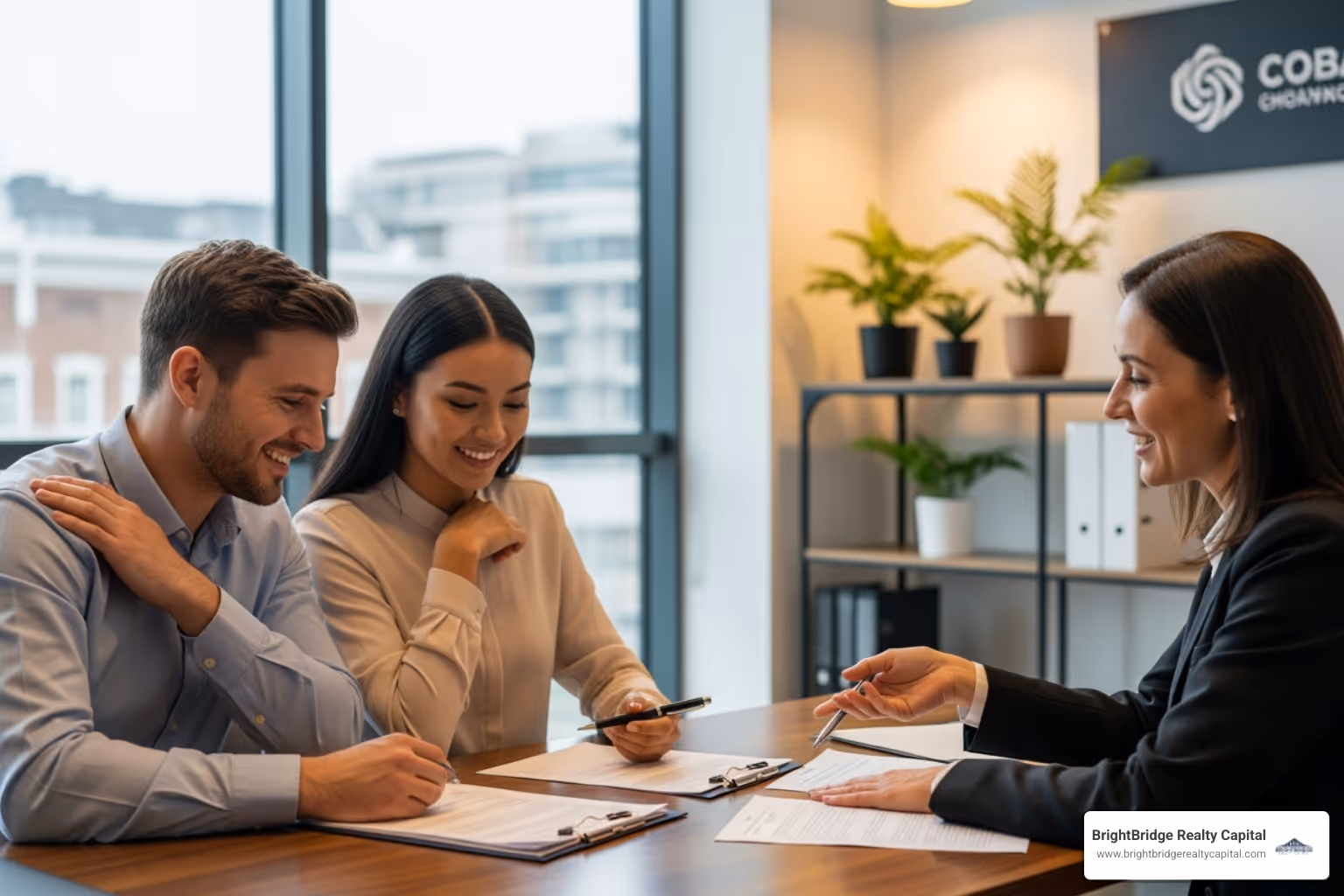 A couple happily reviewing documents with a loan officer - Vacation home loan