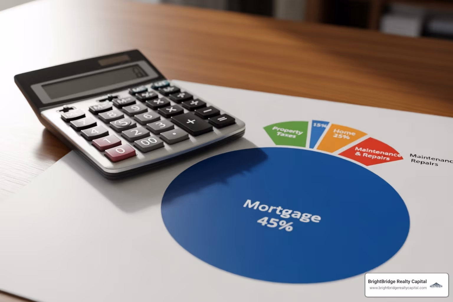 A calculator and a pie chart showing various homeownership costs - Vacation home loan