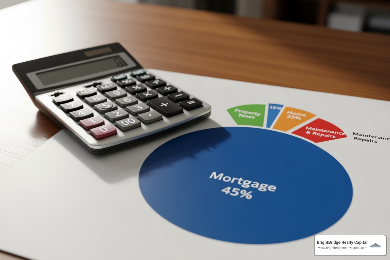 A calculator and a pie chart showing various homeownership costs - Vacation home loan A calculator and a pie chart showing various homeownership costs - Vacation home loan