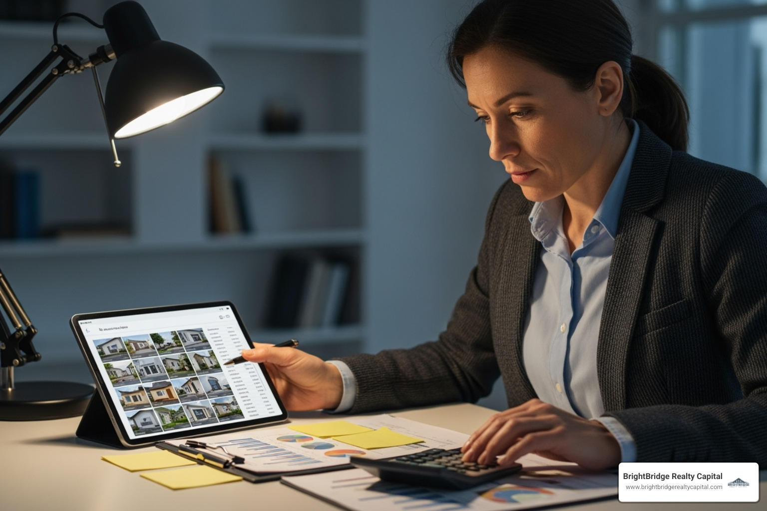 person with calculator and property listings - investment property acquisition