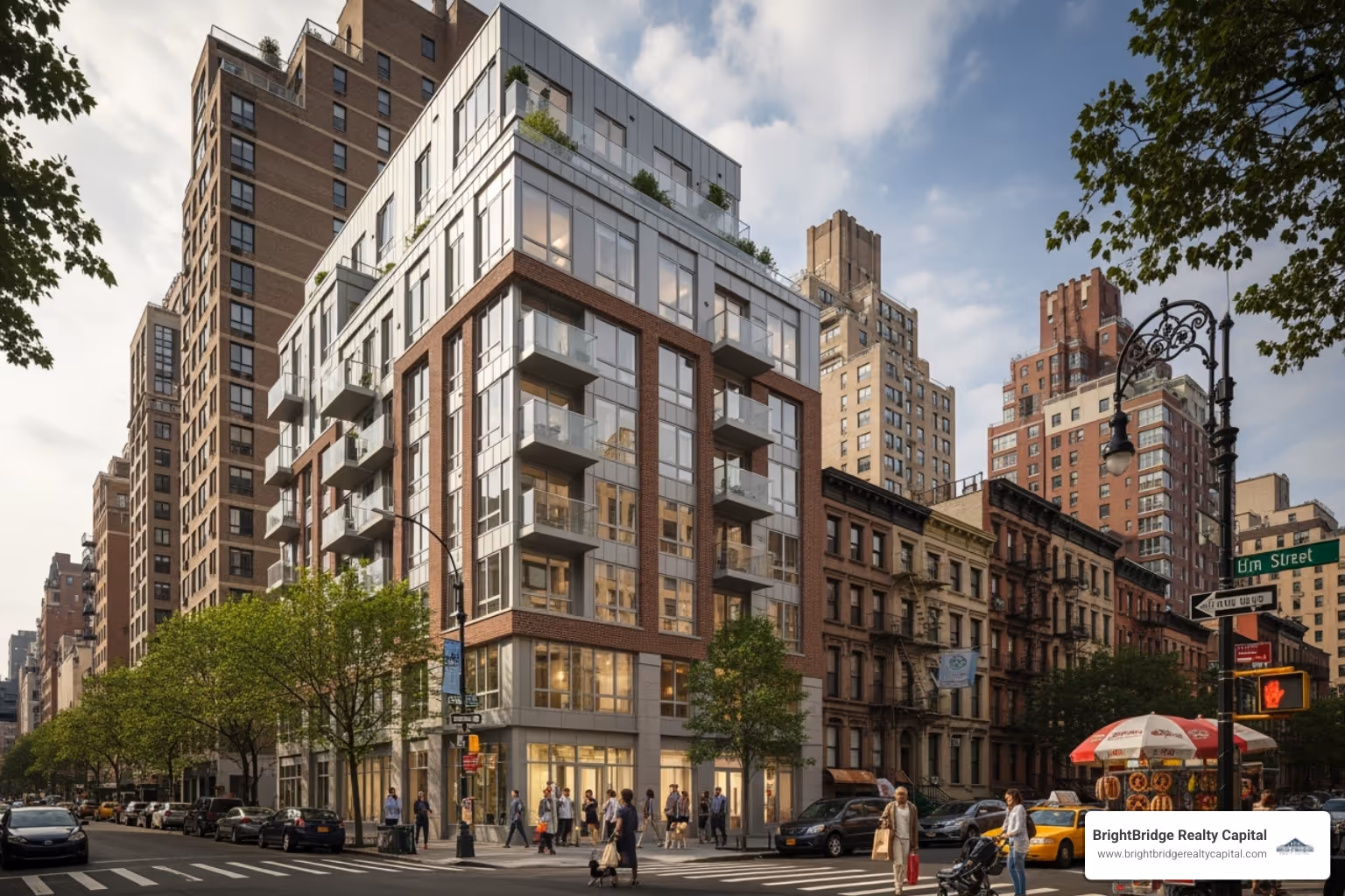 A multifamily building in a New York neighborhood, showcasing urban development. - rental property loan New York