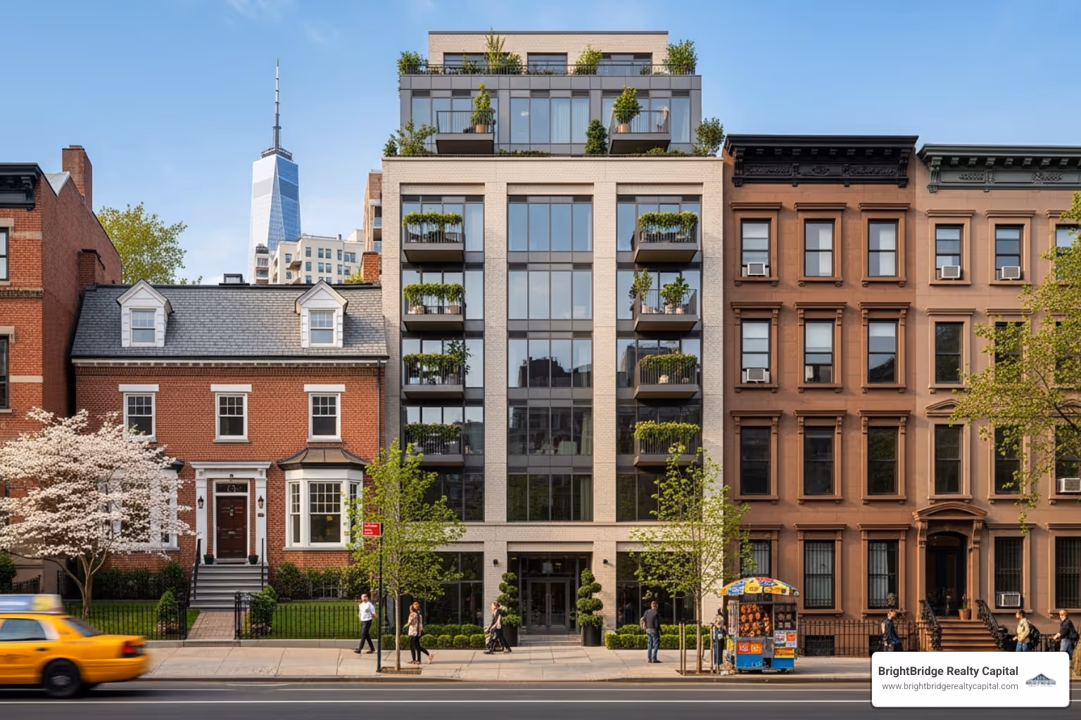 A diverse set of New York properties: a single-family home, a modern condo building, and a small multi-family brownstone. - rental property loan New York